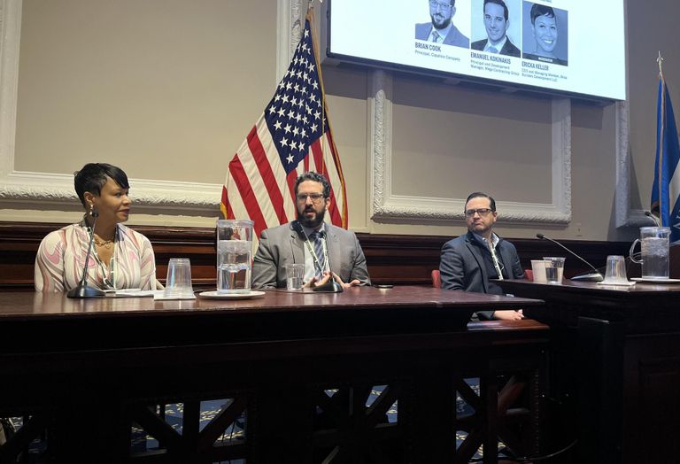 Brisa Builders Development's Ericka Keller, Capalino Company's Brian Cook and L+M Development Partners' Spencer Orkus on stage at Bisnow's New York Multifamily Development and Investment Conference.