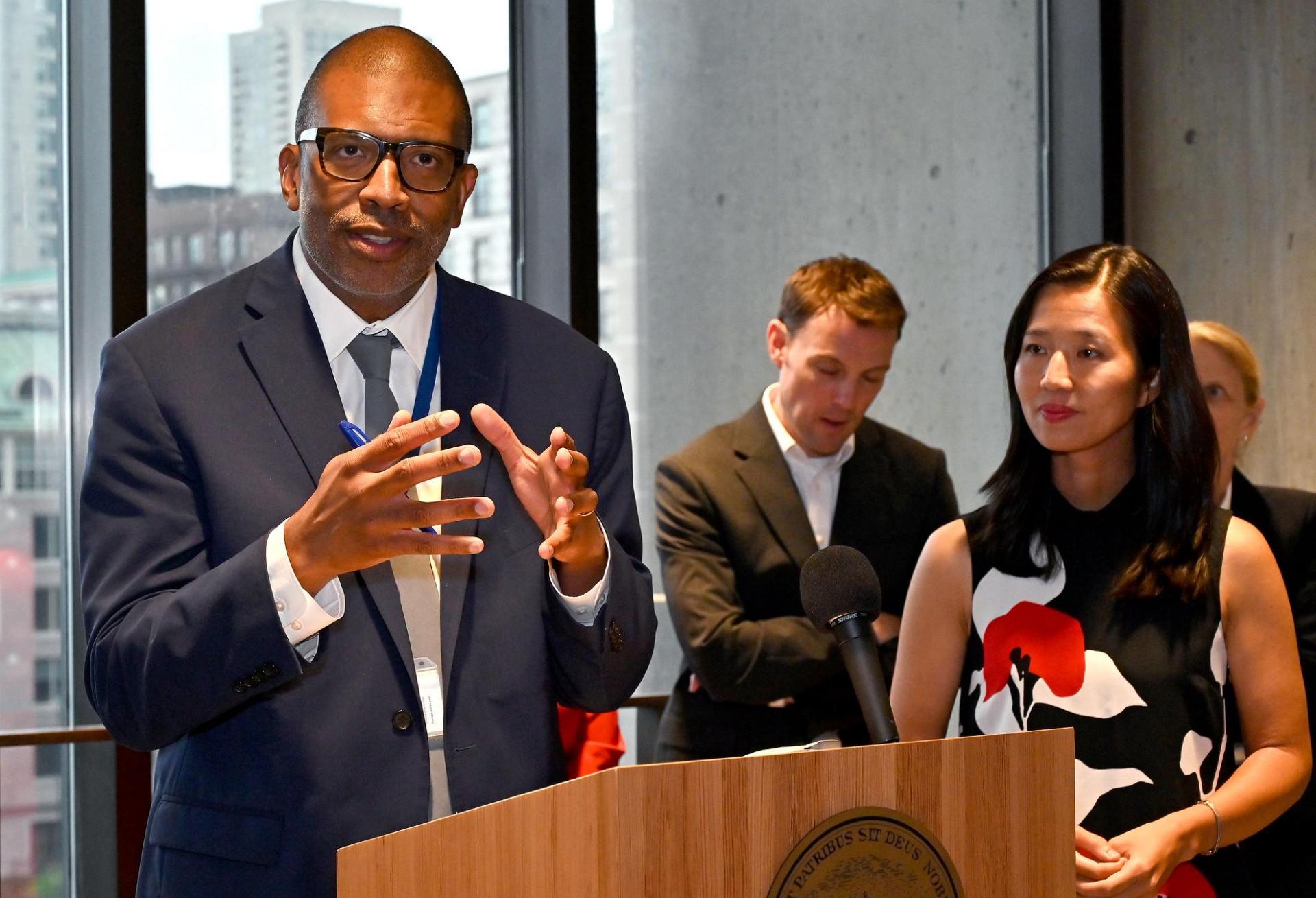 Boston Chief of Planning Arthur Jemison speaking at a press conference on Aug. 11, 2022. 