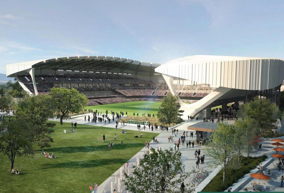 A rendering showing the proposed Denver NWSL stadium from a different angle revealing the opening of the stadium