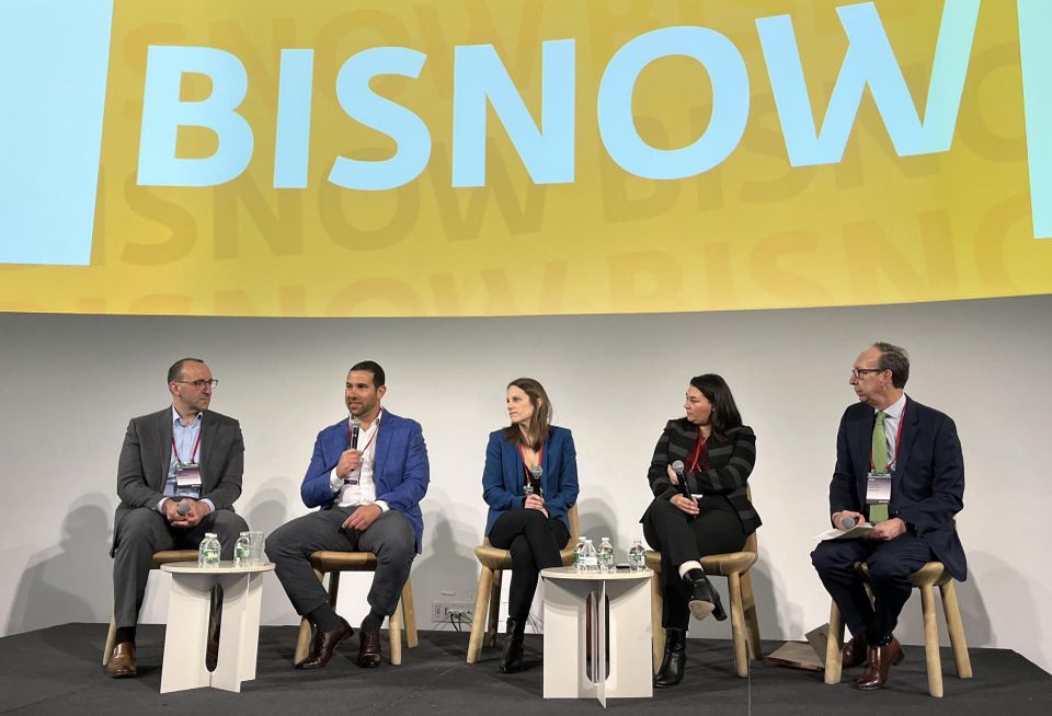 Douglaston Development's Jed Resnick, MNS' Andrew Barrocas, LMXD's Laura Rog, NYC Department of Housing Preservation & Development's Tricia Dietz and Belkin Burden's Martin Heistein onstage at Bisnow's 2024 Multifamily Investment and Development conference.