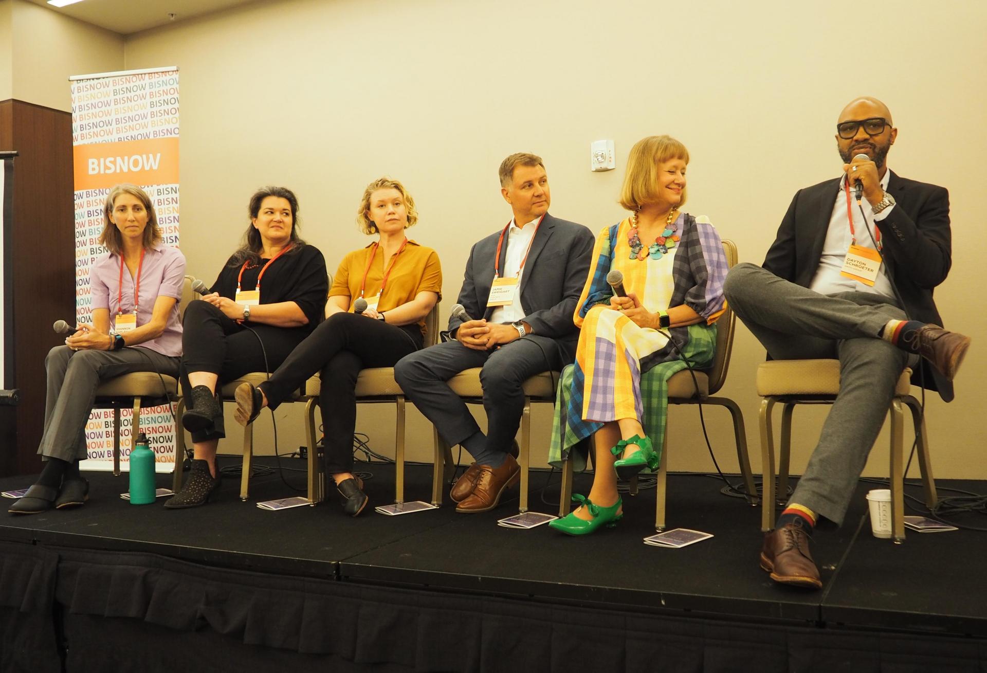 AKF Group's Shannon Kapla, HOK's Anica Landreneau, Quinn Evans' Julia Siple, High Concrete's Jamie Sweigart, Hickok Cole's Yolanda Cole and Smith Group's Dayton Schroeter speak during a panel at Bisnow's Architecture & Design Summit on Aug. 18, 2022.