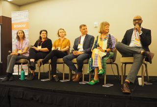 AKF Group's Shannon Kapla, HOK's Anica Landreneau, Quinn Evans' Julia Siple, High Concrete's Jamie Sweigart, Hickok Cole's Yolanda Cole and Smith Group's Dayton Schroeter speak during a panel at Bisnow's Architecture & Design Summit on Aug. 18, 2022.