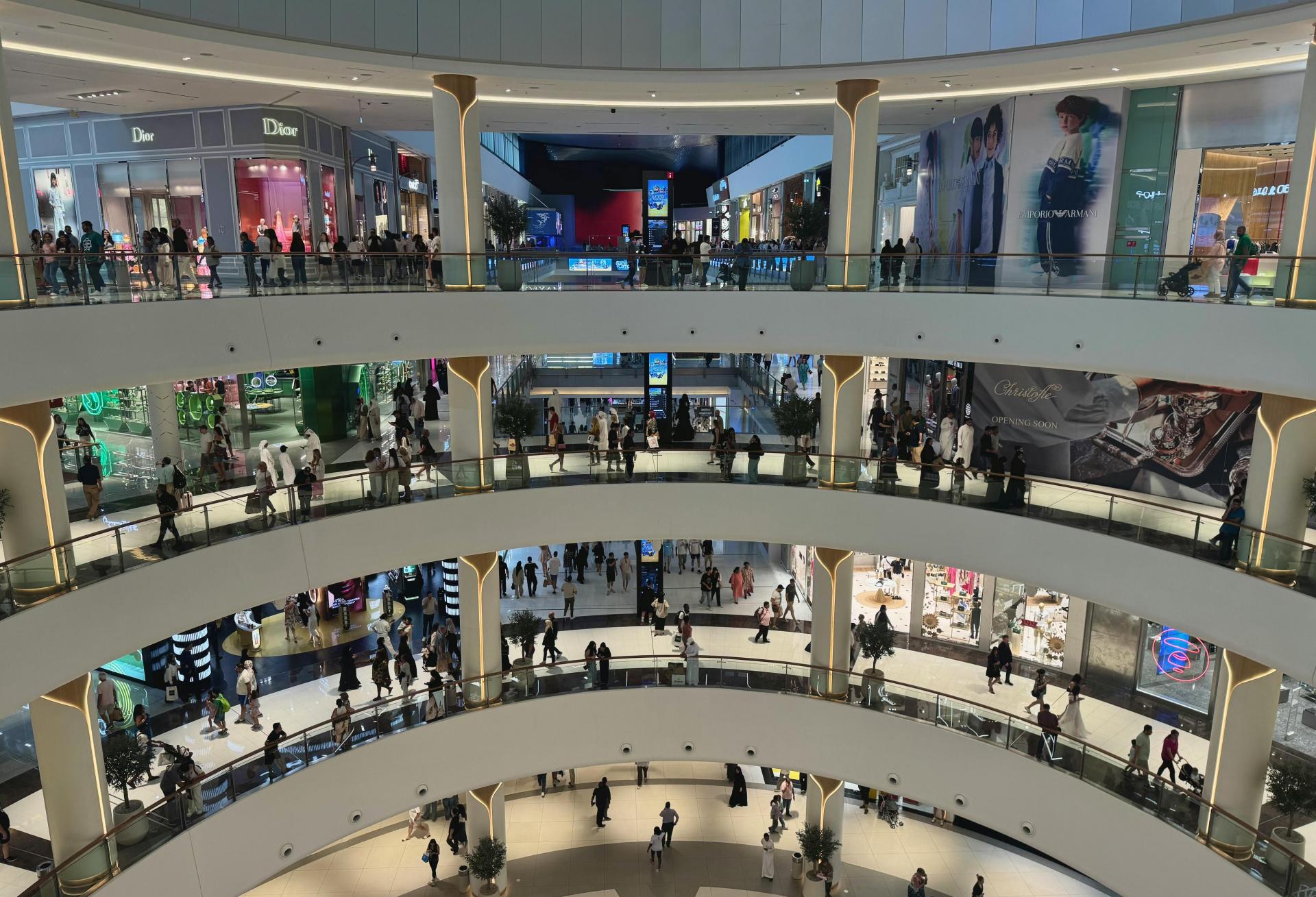 Interior of busy shopping mall.