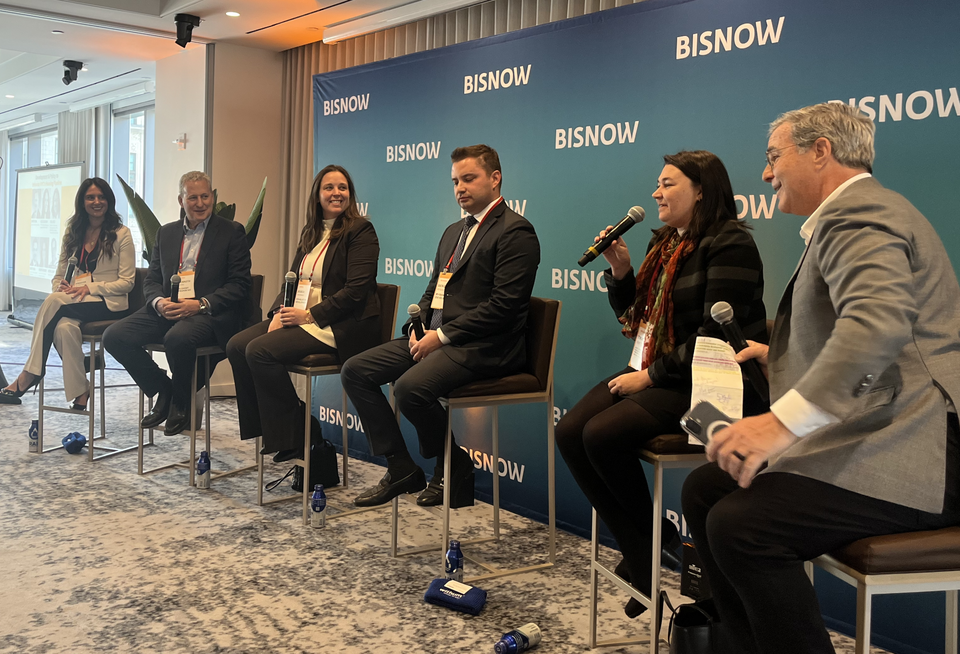 Djurkovic Investment Properties's Jennifer Djurkovic, Alchemy Properties' Kenneth Horne, Douglaston Development's Jessica Sherman, Rybak Development's Sergey Rybak, NYC Department of Housing Preservation and Development's Tricia Dietz and Withum Smith + Brown's Michael Hurowitz onstage at Bisnow's 2024 New York City State of the Market event.