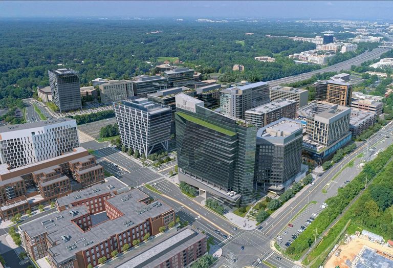 An overhead rendering of new development at Reston Station, with the under construction J.W. Marriott hotel in the foreground.
