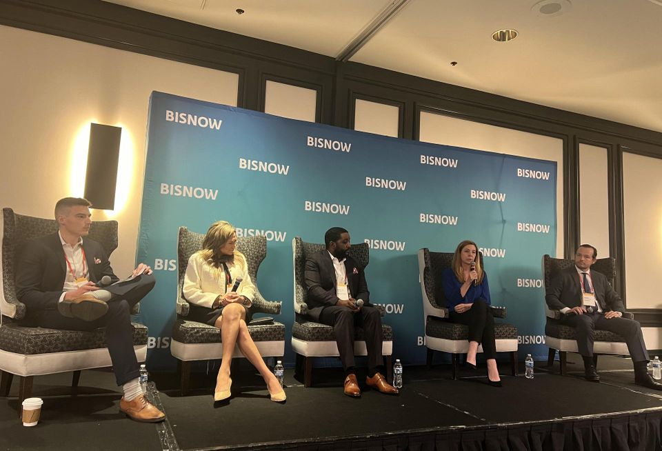 Bisnow’s Chase Goff, The RMR Group’s Amy Marsden, NAI Michael’s Marcus Daniels, Prologis’ Karen Cheery and Nexamp’s Brion Fitzpatrick.