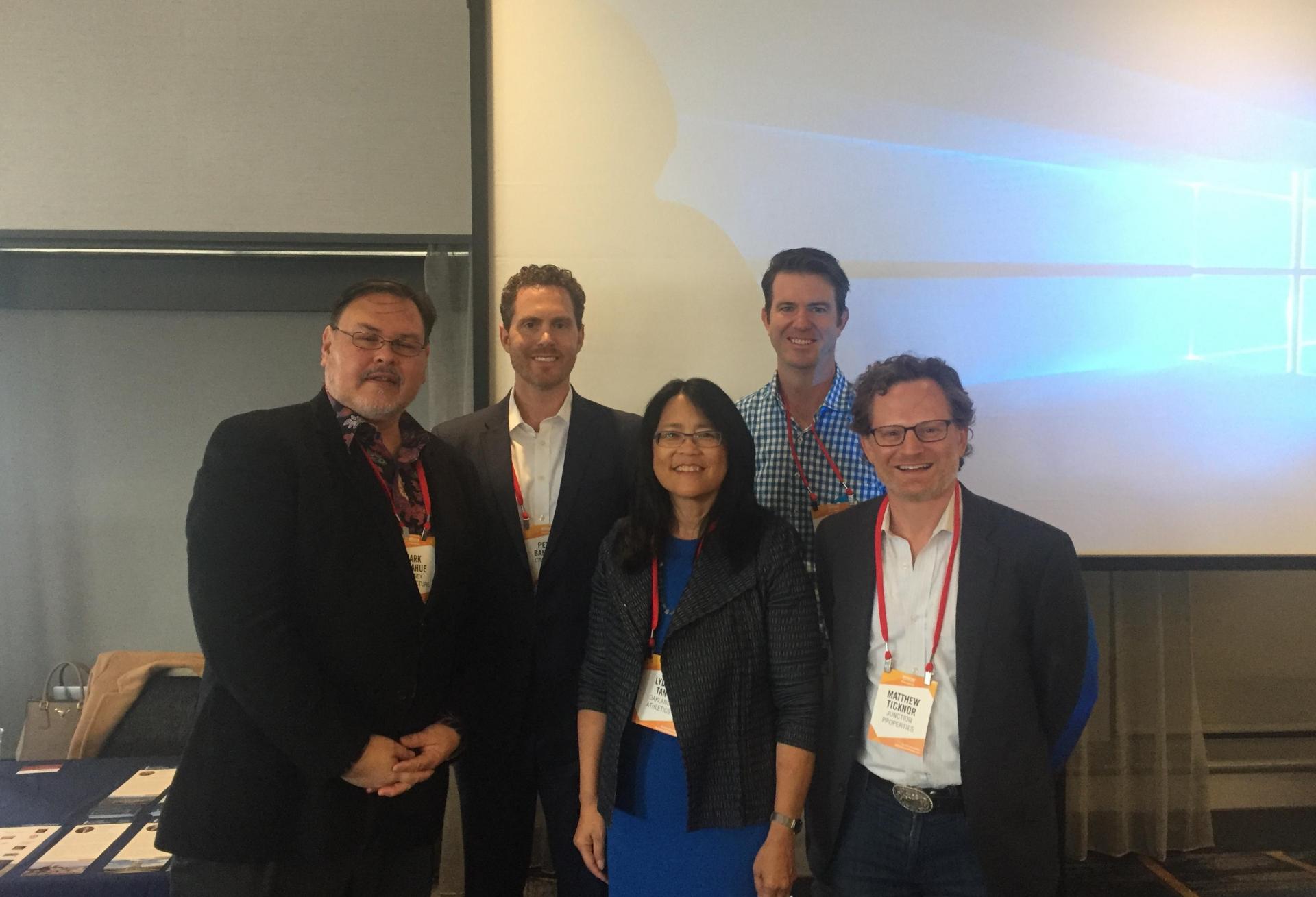 Lowney Architecture Design Director Mark Donahue, CIM Group's Peter Banzhaf, Oakland A's Managing Director of Real Estate Lydia Tan, Groundworks Office's Brennan Cox and Junction Properties founder Matthew Ticknor Lowney Architecture Design Director Mark Donahue, CIM Group's Peter Banzhaf, Oakland A's Managing Director of Real Estate Lydia Tan, GROUNDWORKS Office's Brennan Cox and Junction Properties founder Matthew Ticknor