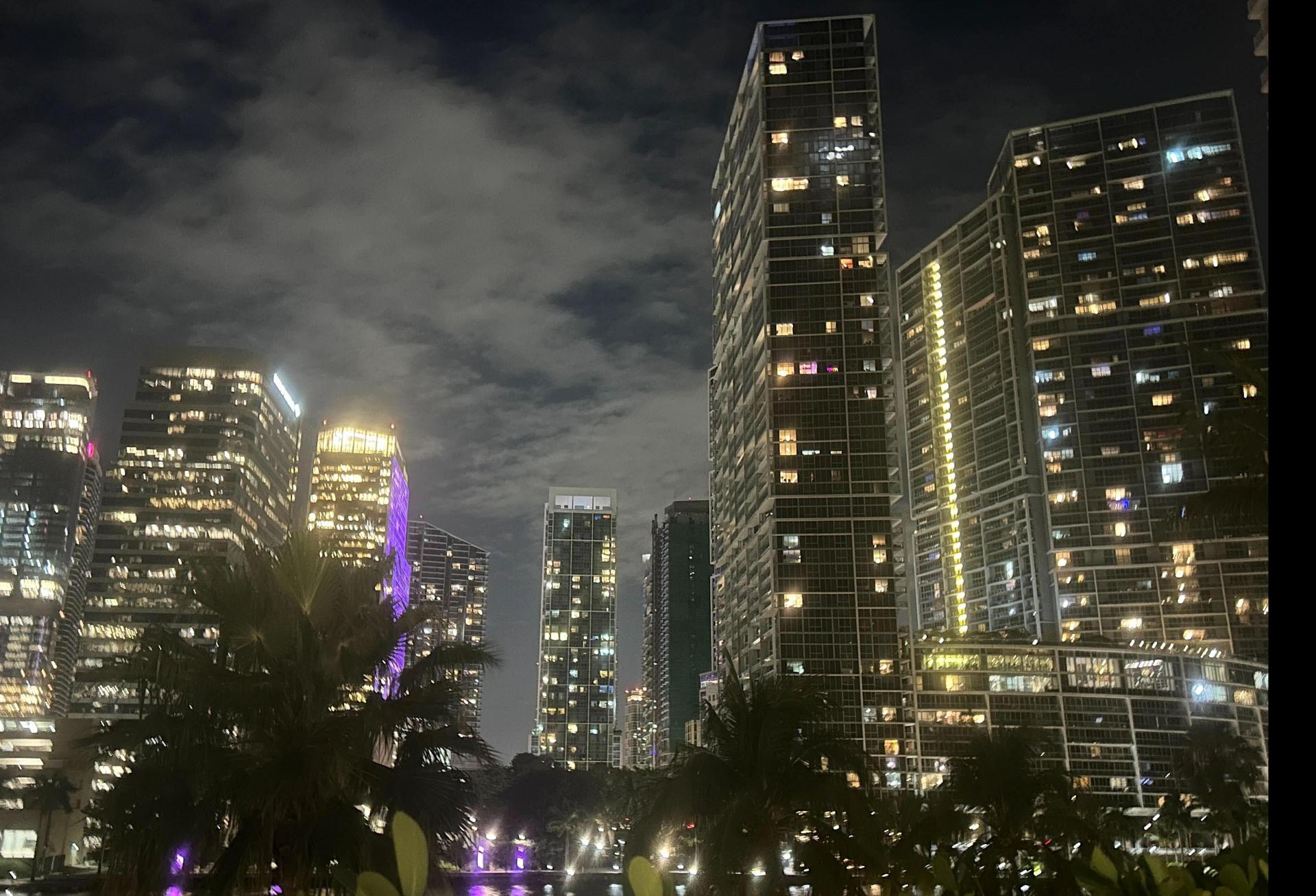 Brickell key buildings at night in Miami