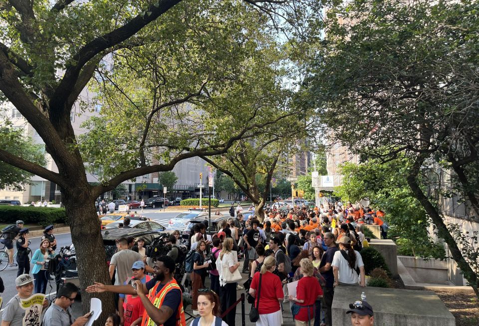 Protesters and police on the streets outside Hunter College ahead of the Rent Guidelines Board's final vote in 2024.