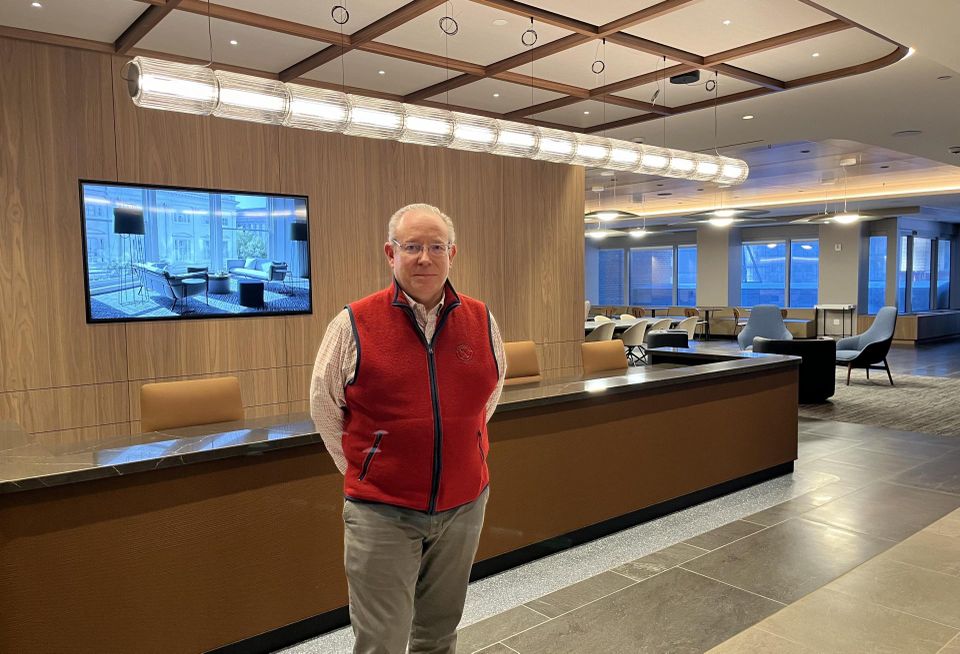 RXR's Bill Elder during a tour of the amenity space at 5 Times Square.