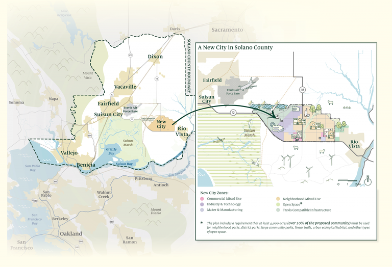 A context map showing where California Forever's city will be located in Solano County