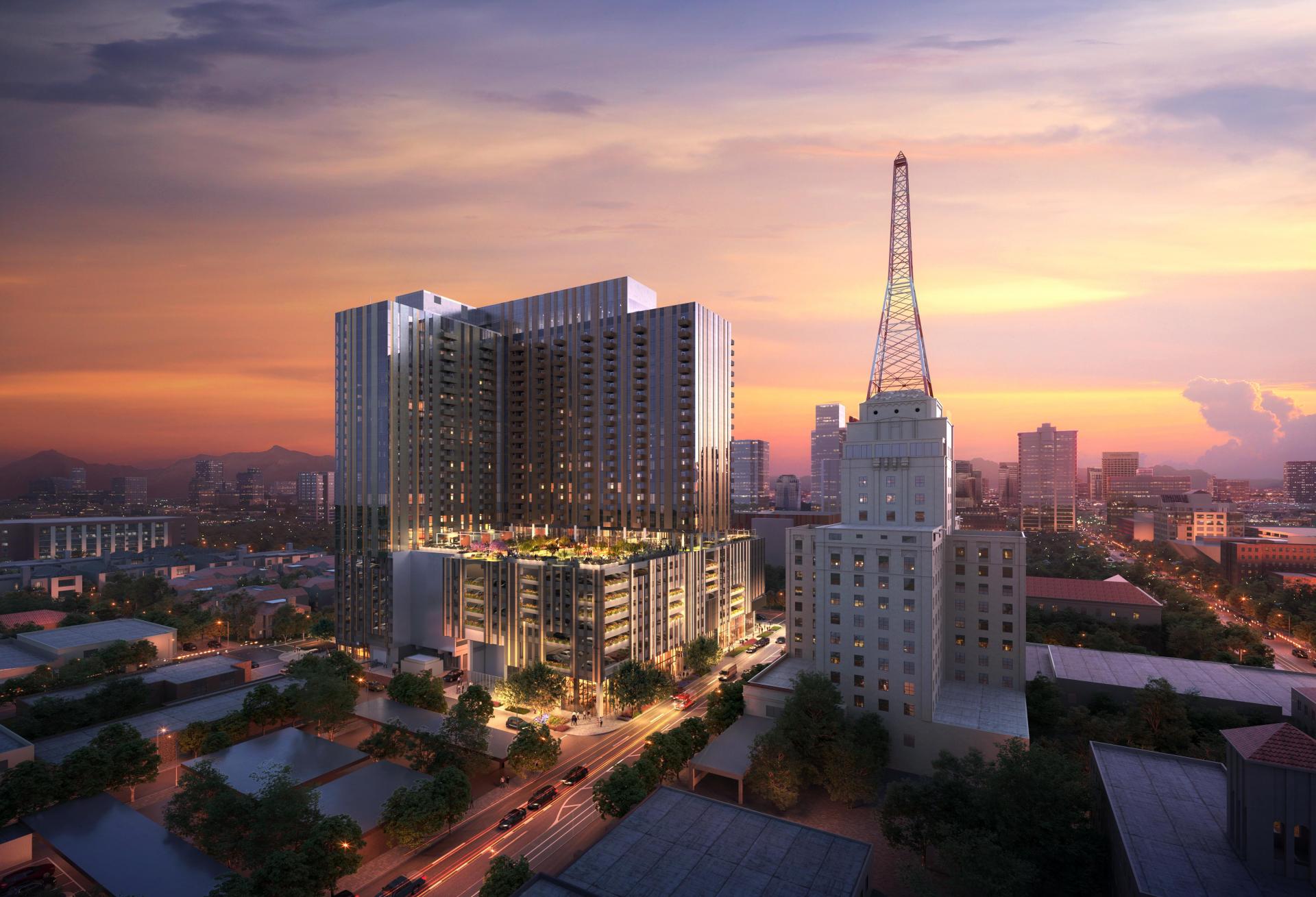 A rendering of 601 North Central amid the Phoenix skyline