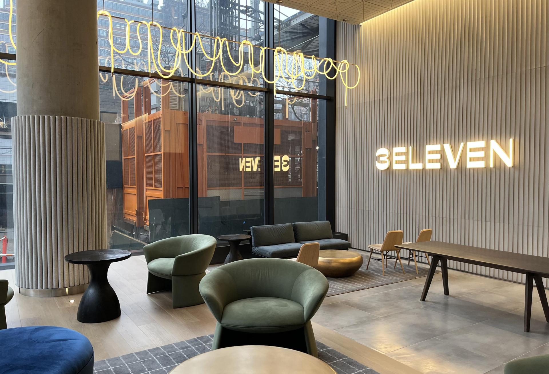 Inside the lobby of Douglaston Development's 3eleven, Manhattan's largest new multifamily building.