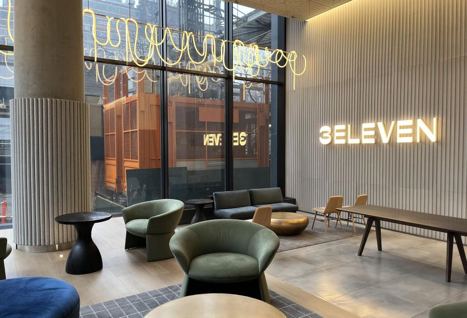 Inside the lobby of Douglaston Development's 3eleven, Manhattan's largest new multifamily building.