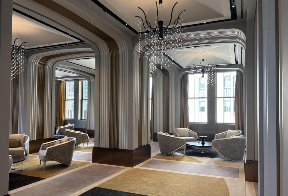 A lounge area in the Waldorf Astoria Residences at 301 Park Ave.