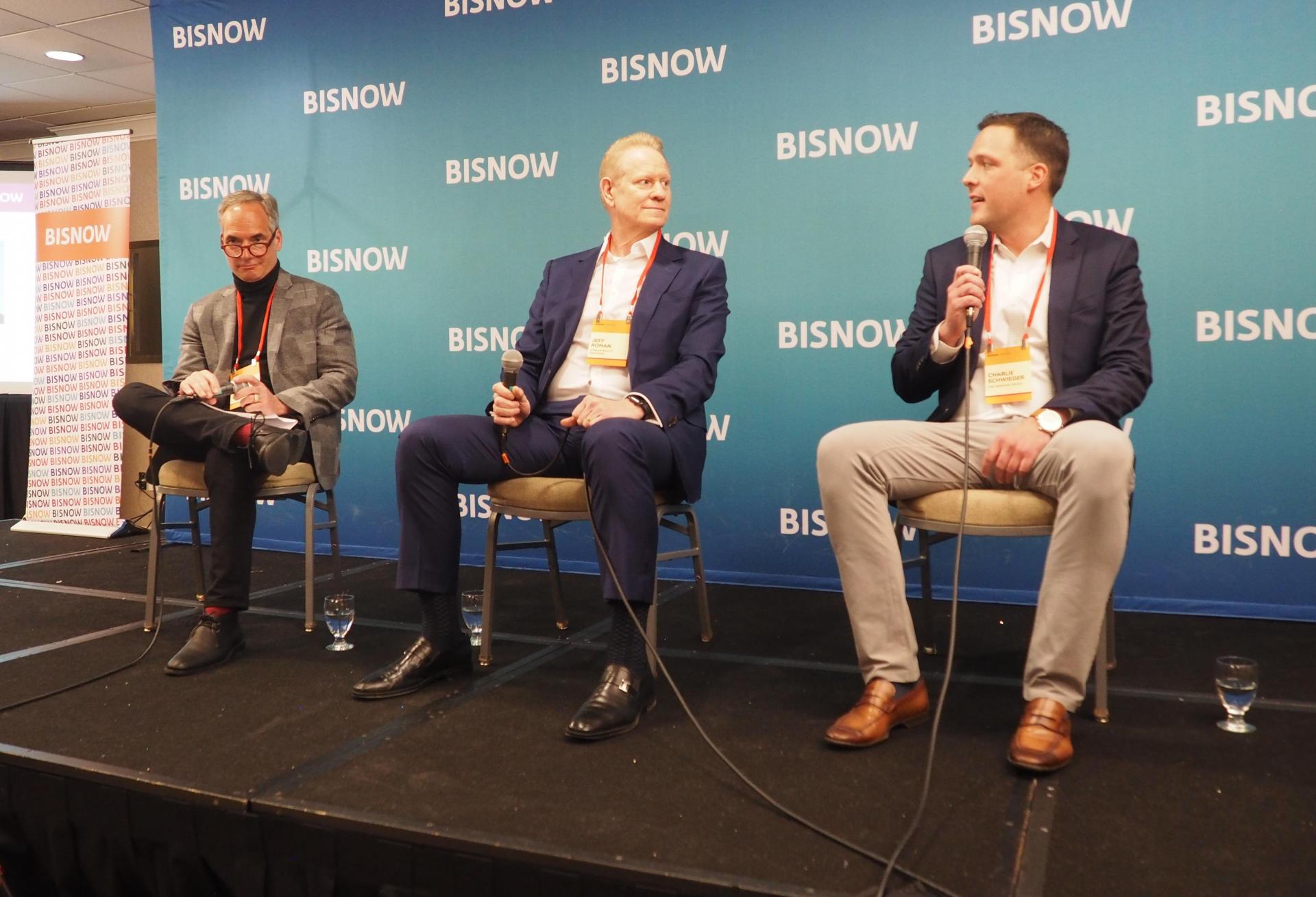 McGuire Woods' Greg Riegle, Stream Realty's Jeff Roman and The Meridian Group's Charlie Schwieger speak during a panel at Bisnow's Future of Tysons event on Dec. 1, 2022.
