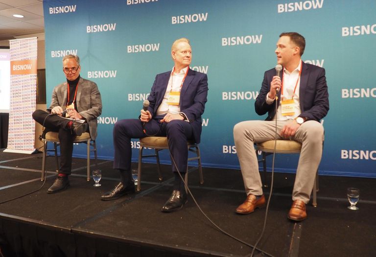 McGuire Woods' Greg Riegle, Stream Realty's Jeff Roman and The Meridian Group's Charlie Schwieger speak during a panel at Bisnow's Future of Tysons event on Dec. 1, 2022.