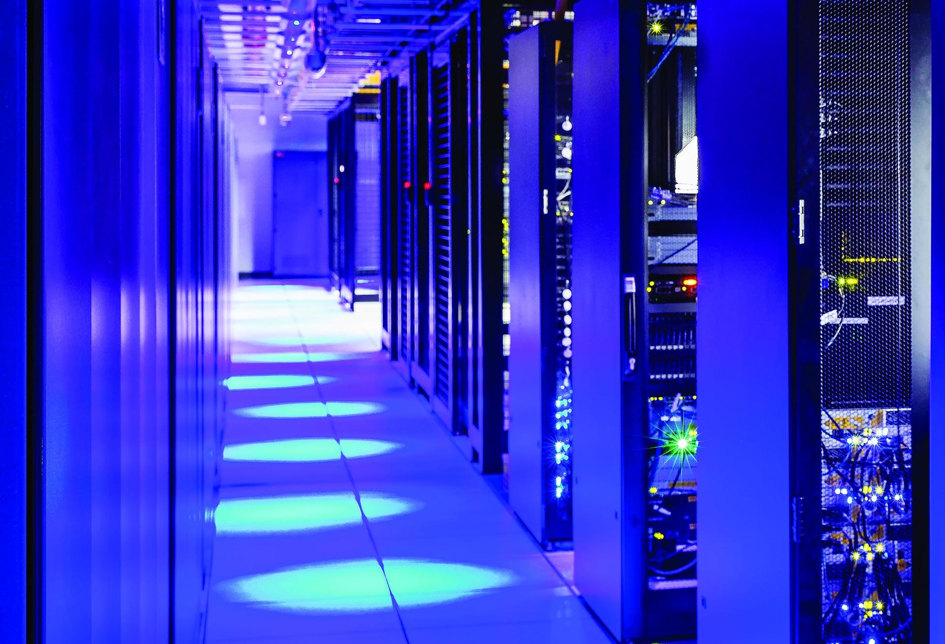 Data Centers Blue Hallway Spotlights