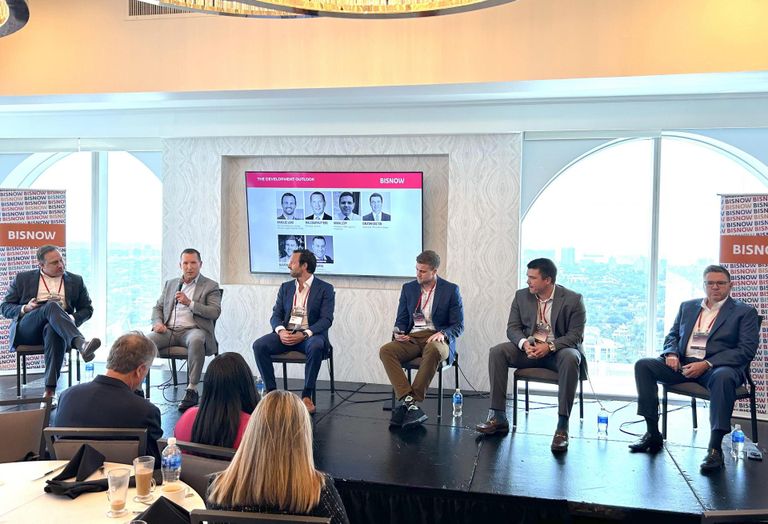 Stonemont Financial Group's Dusten Estes, Butters Construction & Development's Malcom Butters, Seagis Property Group's Bradlee Lord, ARCO/Murray's Buster Sheridan, The Easton Group's Dalton Easton and BBX Logistics Properties' Mark Levy on a panel at Bisnow's Industrial and Logistics Summit on June 15.