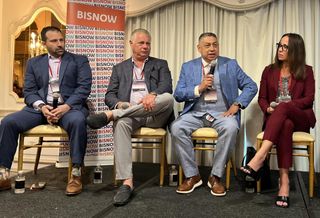Rockefeller Group's Heath Abramsohn, RXR's Joseph Graziose Sr., Huntington's Angel Cepeda and Community Development Corporation of Long Island's Gwen O'Shea on stage at Bisnow's Long Island 2023 State of the Market event.