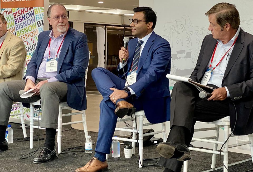 Colliers International's Patrick Duffy, Nitya Capital's Mehul Chavada and Lincoln Property Co.'s Kevin Wyatt at Bisnow's The Future of Houston Office event on Aug. 31, 2021.