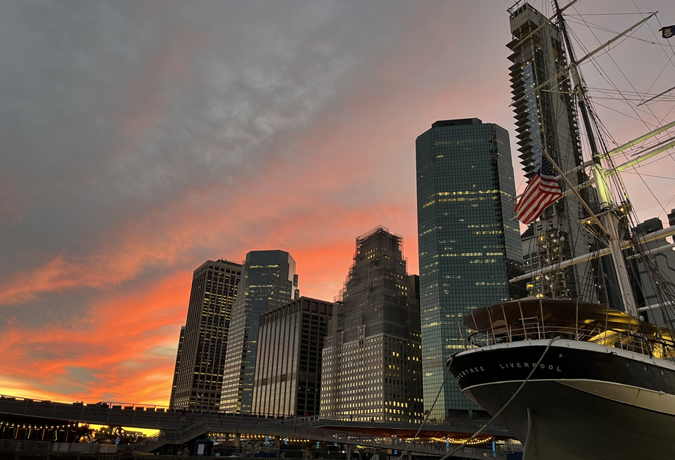 A view of skyscrapers in Lower Manhattan from South Street Seaport. Taken October 2024.