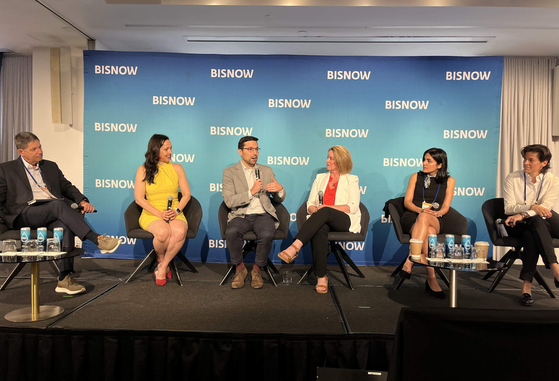 SageGlass's Carl Newhouse, Lendlease Americas' Sara Neff, Celsius Energy's Joshua Soble, Green Building Initiative's Vicki Worden, SGA's Sadaf Jafari and Jamestown's Anna Coltrane at Bisnow's 2024 National Sustainability Conference.