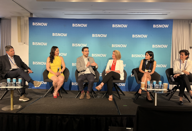 SageGlass's Carl Newhouse, Lendlease Americas' Sara Neff, Celsius Energy's Joshua Soble, Green Building Initiative's Vicki Worden, SGA's Sadaf Jafari and Jamestown's Anna Coltrane at Bisnow's 2024 National Sustainability Conference.