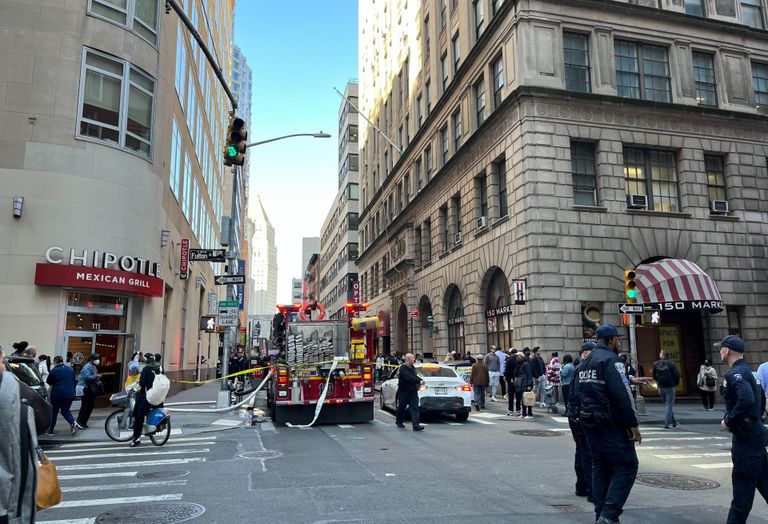 FDNY and the NYPD closed off the streets surrounding the Ann Street garage in the immediate aftermath of the collapse on April 19, 2023.