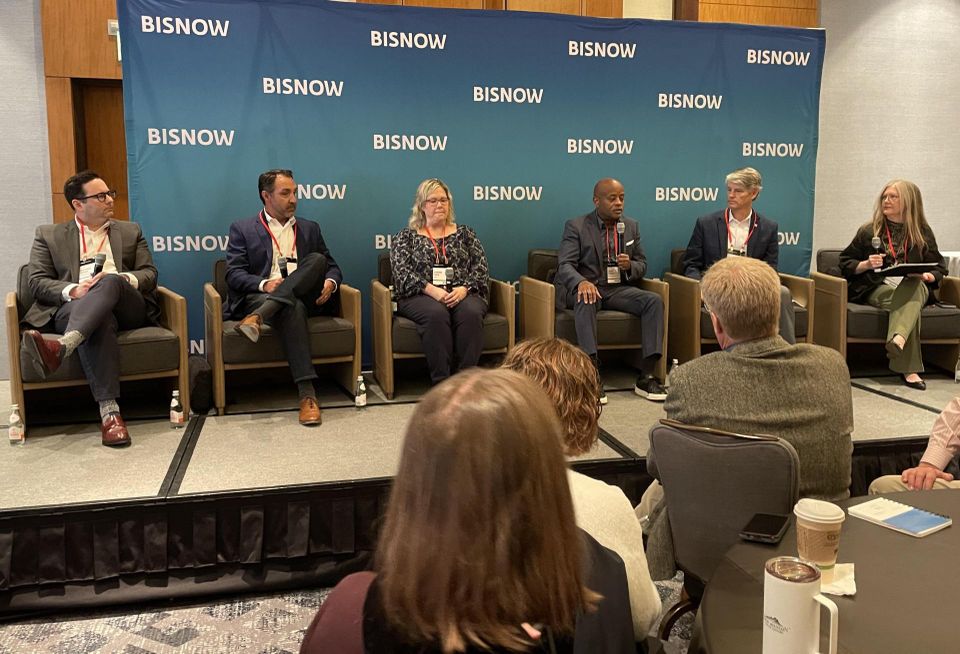 Initium Health's James Corbett speaks at Bisnow's 2024 Healthcare Summit. Other panelists are Martin/Martin's Michael Renes, NexCore Group's Tom Kelly, HDR's Cherie Dice and Stantec's Alisa Rice