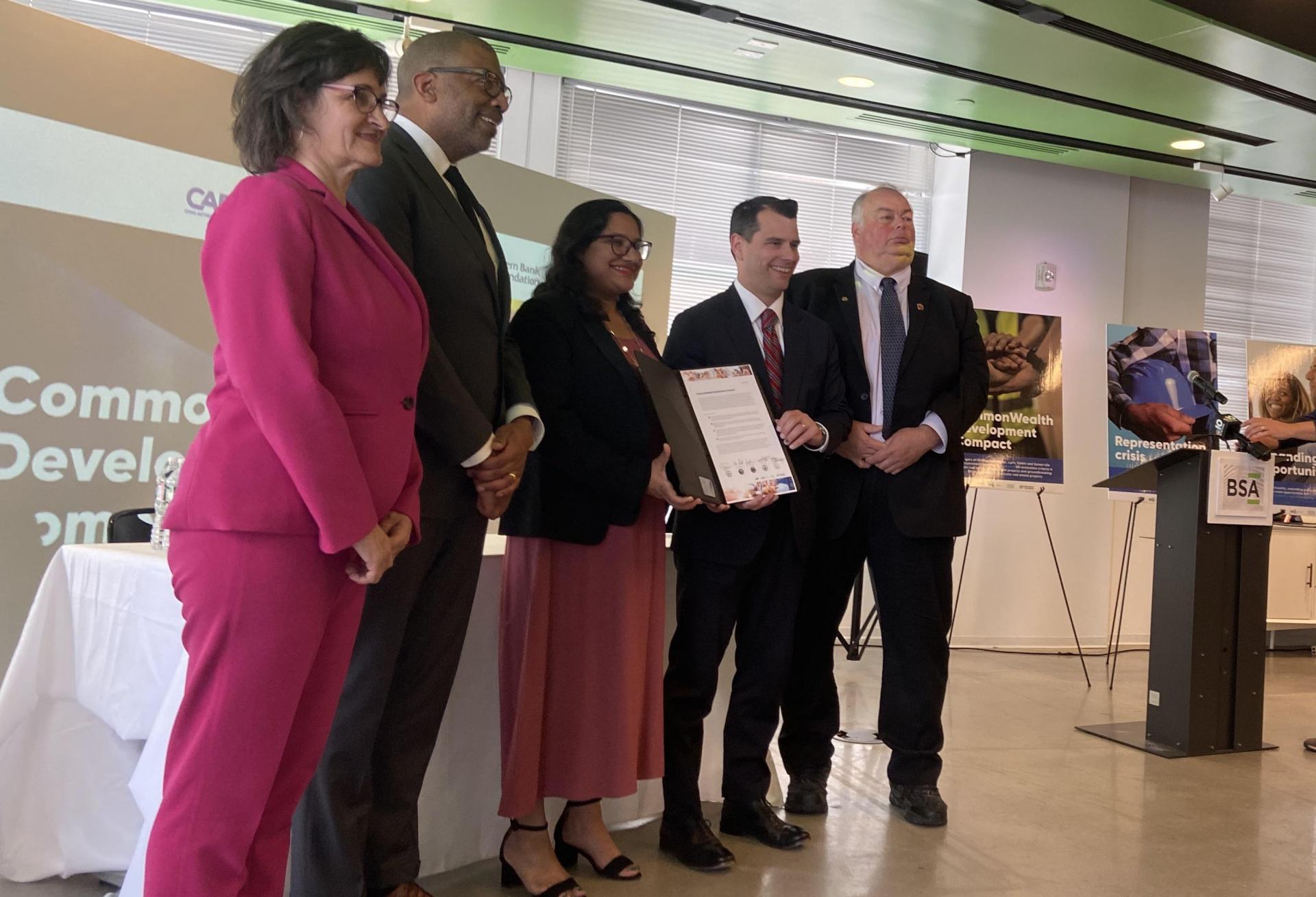 Somerville Mayor Katjana Ballantyne, Boston Chief of Planning Arthur Jemison, Cambridge Mayor Sumbul Siddiqui, Lynn Mayor Jared Nicholson and Salem Acting Mayor Bob McCarthy at the ceremonial signing for the CommonWealth Development Compact.