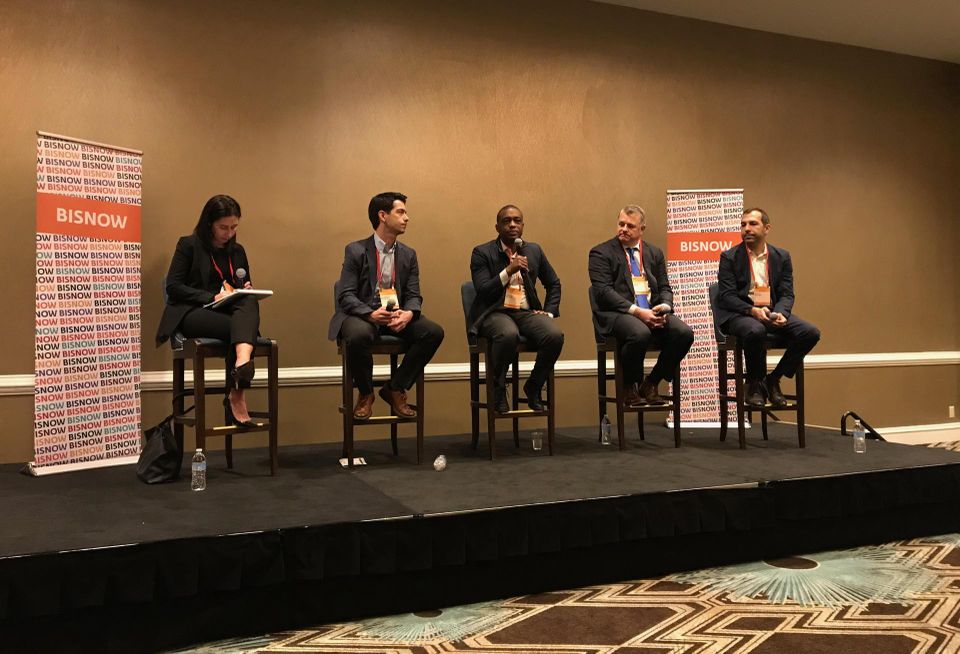 Supply Chain Panel at Bisnow's NYC Construction and Development Conference in February 2022. From left to right: moderator Jessica Rothstein, Charles Esteves, Thomas Campbell, Kenneth Wille, Scott Solish.