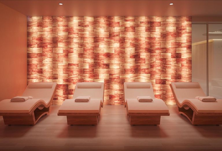 The lounge chairs in the Himalayan salt room at 25 Water St., a converted office building in Manhattan's Financial District.