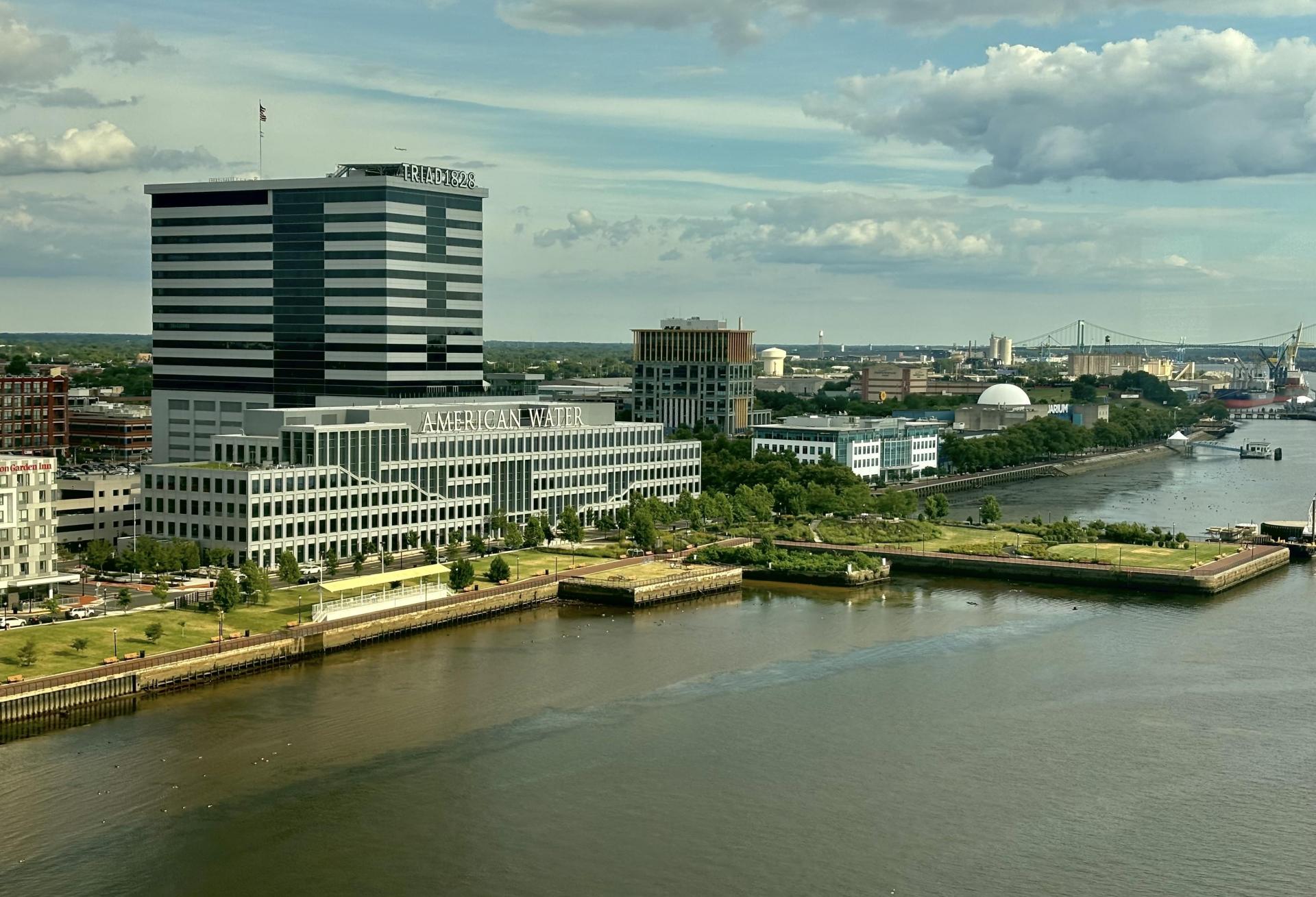 The Camden, New Jersey waterfront featuring the American Water building.
