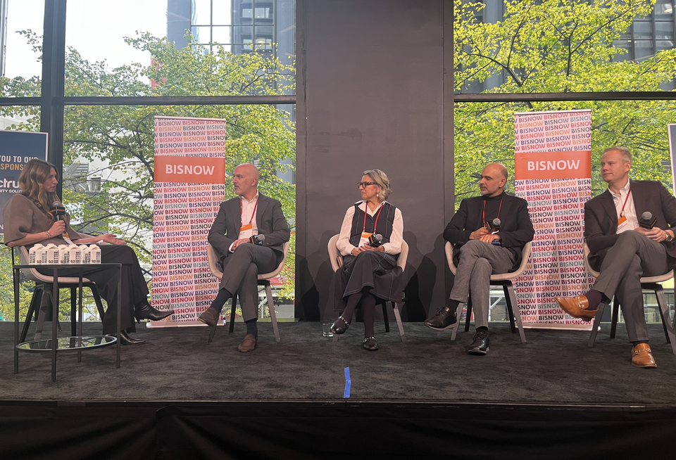 NFP's Erin Rogol, Lendlease's Lath Madi, MAG Partners' Aida Stoddard, SGA's Reza Rahimpour and Rudin's Raymond Houseknecht onstage at Bisnow's 2025 New York Multifamily Development and Operations Conference.