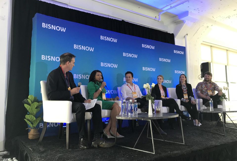 The Malin's Charlie Robinson, Citi's Linda Foggie, SomeraRoad's Ian Ross, Silverstein Properties' Linda Bevacqua, Corgan's Morgan Gorospie and Saltmine's Liam Clark at Bisnow's State Of The Office Market event in May 2022.
