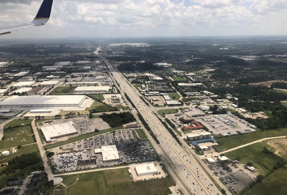 A view of Interstate 45 from a plane landing at George Bush Intercontinental airport in Houston.