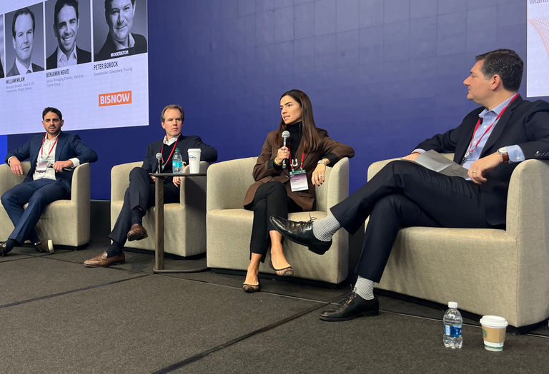 Meridian Capital Group's Benjamin Nevid, Morgan Stanley's William Milam, Midwood Investment & Development's Teodora Zobel and Greenberg Traurig's Peter Borock onstage at Bisnow's 2025 New York City State of the Market event.