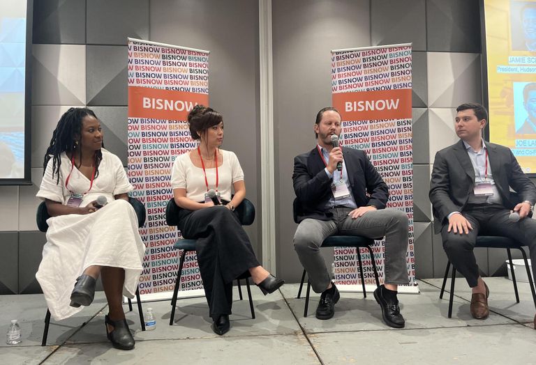BioLabs at NYU Langone's Glennis Mehra, HDR's Sally Lee, Hudson Valley iCampus' Jamie Schwartz and Cresilon's Joe Landolina  on stage at Bisnow’s 2023 New York Life Sciences and Biotech Conference.