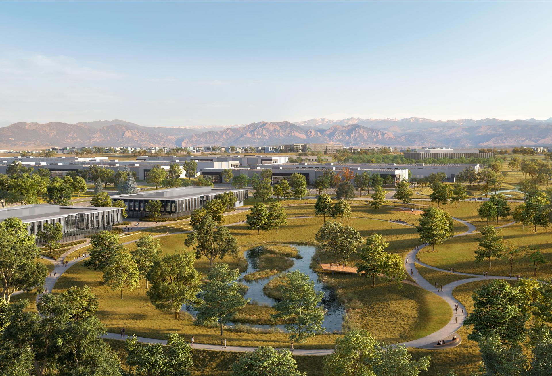 A rendering of the Redtail Ridge development featuring industrial space, offices, and green space.
