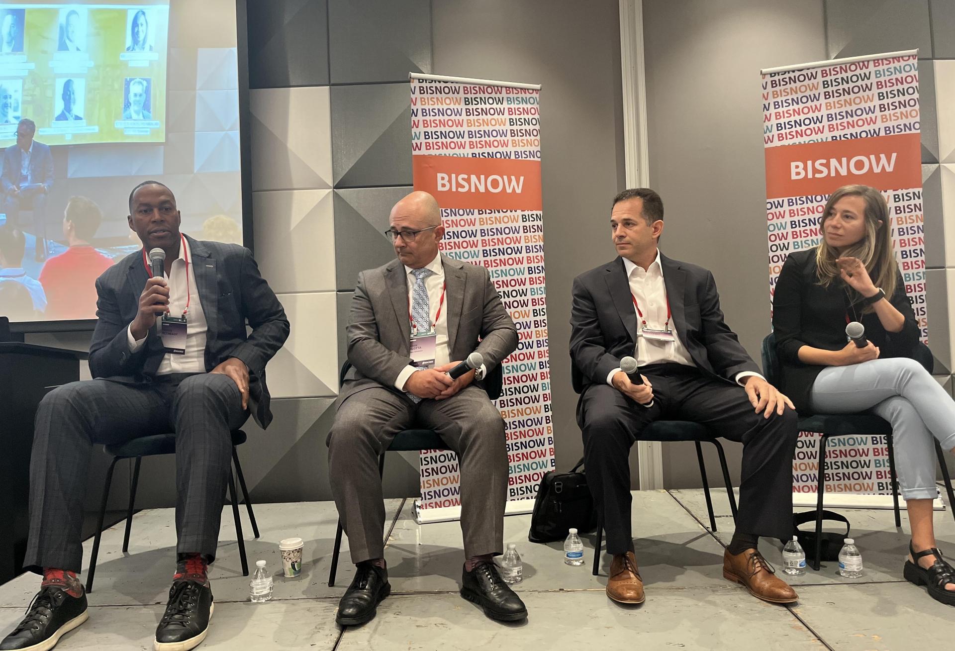 JLL's Travis McCready, Syska Hennessy's John Bilotta, Lendlease's Anthony Guiliano and HLW's Melissa Strickland on stage at Bisnow’s 2023 New York Life Sciences and Biotech Conference.