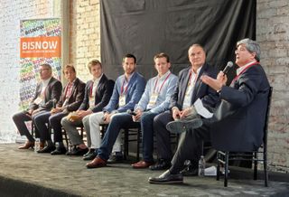 From L to R: Hackman Capital Partners' Ryan Smith, Meridian Capital's Seth Grossman, CBRE's Michael Longo, Cushman & Wakefield's Mike Condon, Paragon Commercial Group's Jim Dillavou, Avison Young's Jonathan Larsen and George Smith Partners Gary Tenzer at Bisnow's Los Angeles State of the Market at the Trust Building in downtown Los Angeles.
