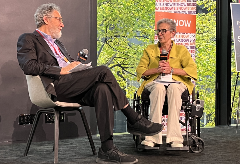 Keynote speaker Jonathan Rose, of Jonathan Rose Cos., and Goulston & Storrs' Debbie Horowitz onstage at Bisnow's 2025 New York Multifamily Development and Operations Conference.