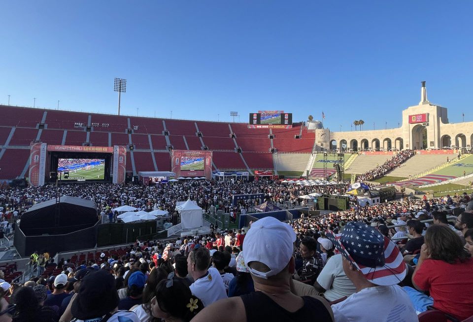 A crowd shot of fans inside a fan festival at the Los Angeles Memorial Coliseum during the U.S. team's first match of the tournament.