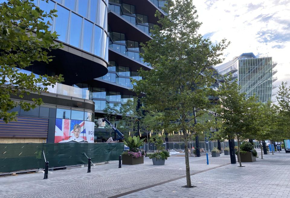 A view of the promenade along The Wharf's second phase, which is still under construction.