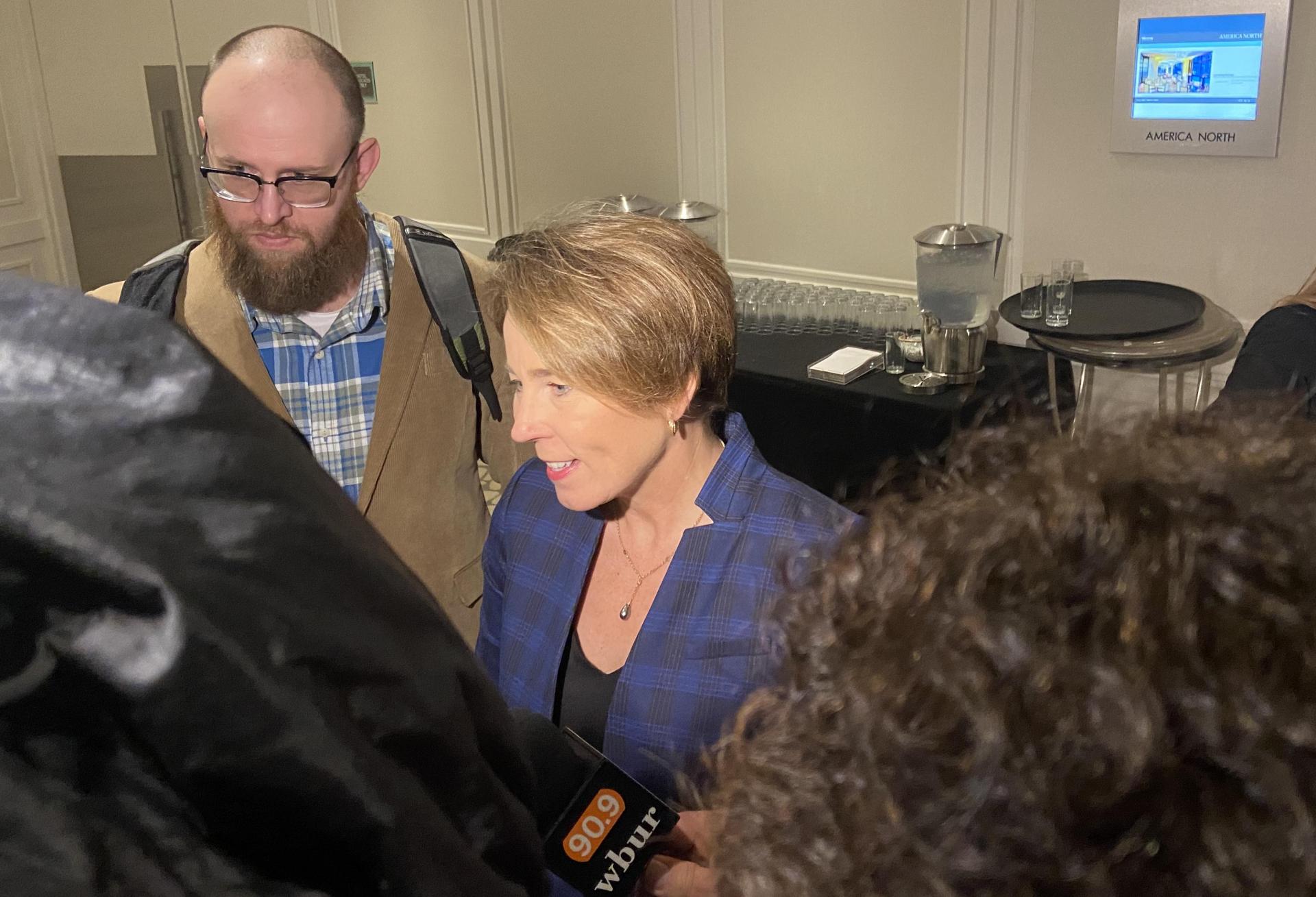Gov. Maura Healey after she addressed the business community at the Greater Boston Chamber of Commerce's Governor Affairs Forum.