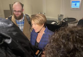 Gov. Maura Healey after she addressed the business community at the Greater Boston Chamber of Commerce's Governor Affairs Forum.