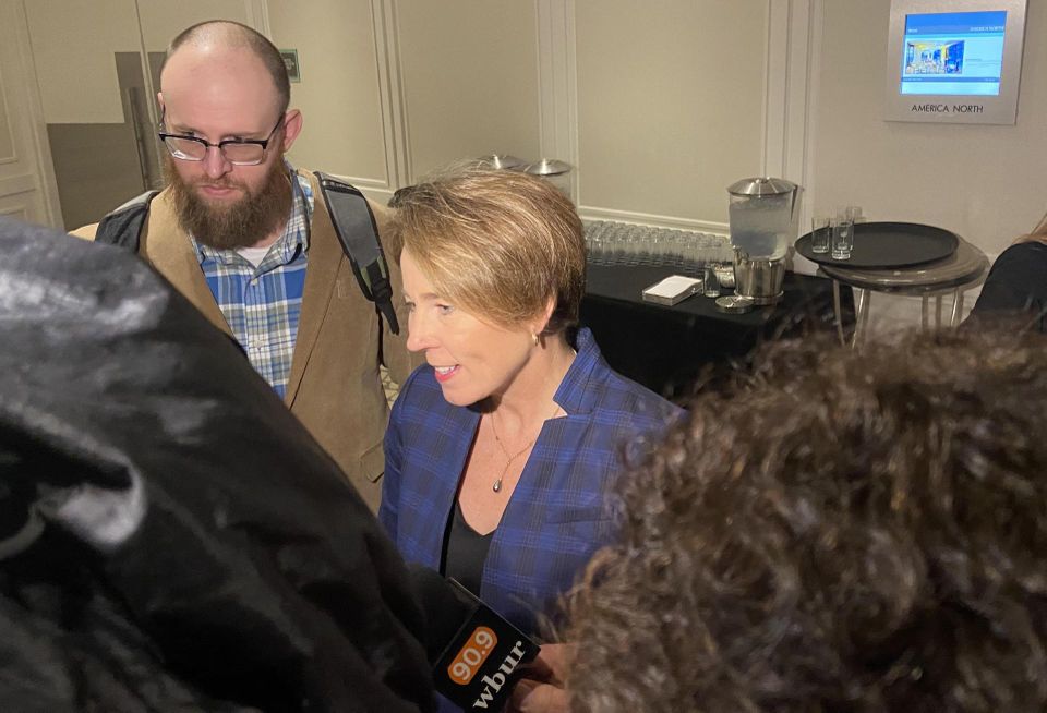 Gov. Maura Healey after she addressed the business community at the Greater Boston Chamber of Commerce's Governor Affairs Forum.