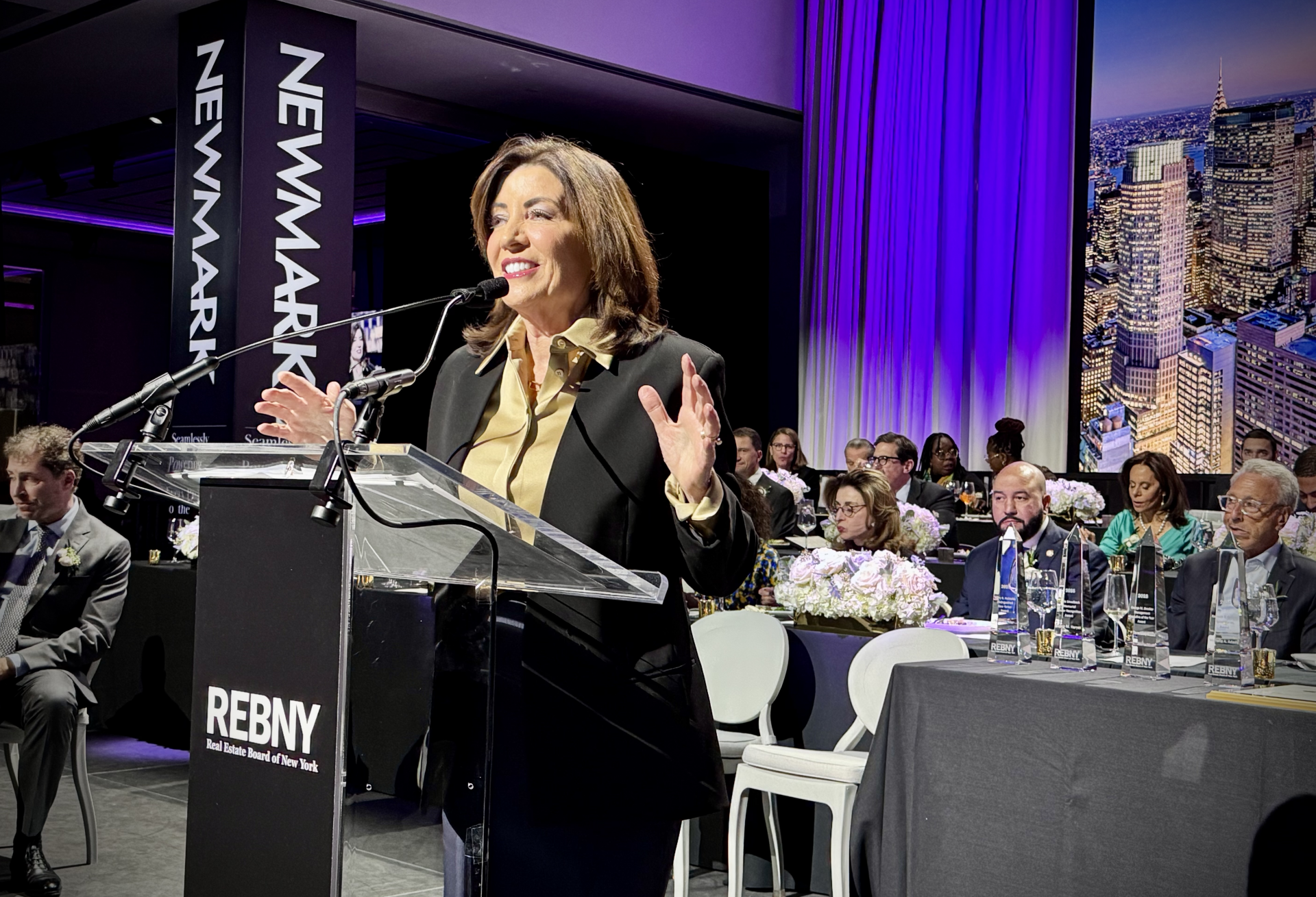 Gov. Kathy Hochul speaking at the Real Estate Board of New York's 129th annual gala.