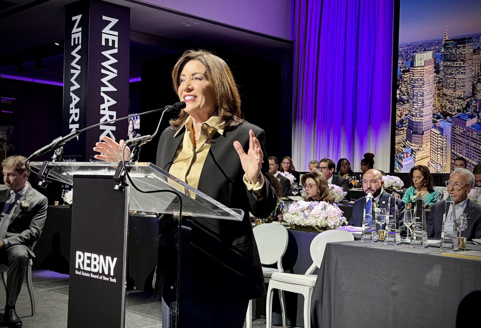 Gov. Kathy Hochul speaking at the Real Estate Board of New York's 129th annual gala.
